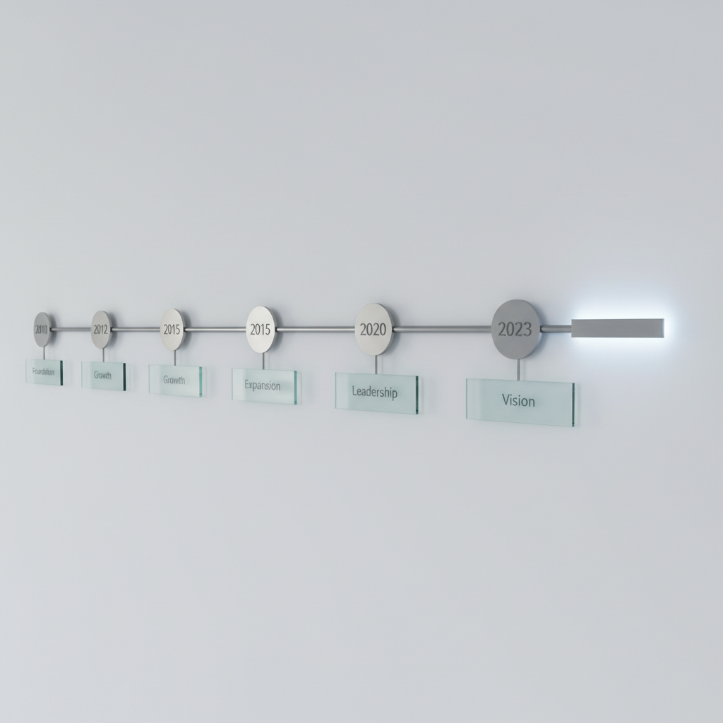 An elegant, minimalist timeline installation on a long, smooth white wall, featuring a horizontal brushed-metal line running from left to right. Along the line, discrete metallic markers labeled with years sit beneath small, frosted glass plaques etched with single words such as “Foundation,” “Growth,” “Leadership,” and “Vision.” The far-right end extends into an unmarked, softly glowing segment, symbolizing future goals. Discreet wall-mounted LED strips cast a gentle, cool-toned light that creates soft reflections on the metal and glass, with subtle shadows falling downward. Photographic realism, shot from a slightly oblique angle to emphasize depth and continuity, produces a refined, corporate-leaning mood aligned with professional personal development and long-term planning.