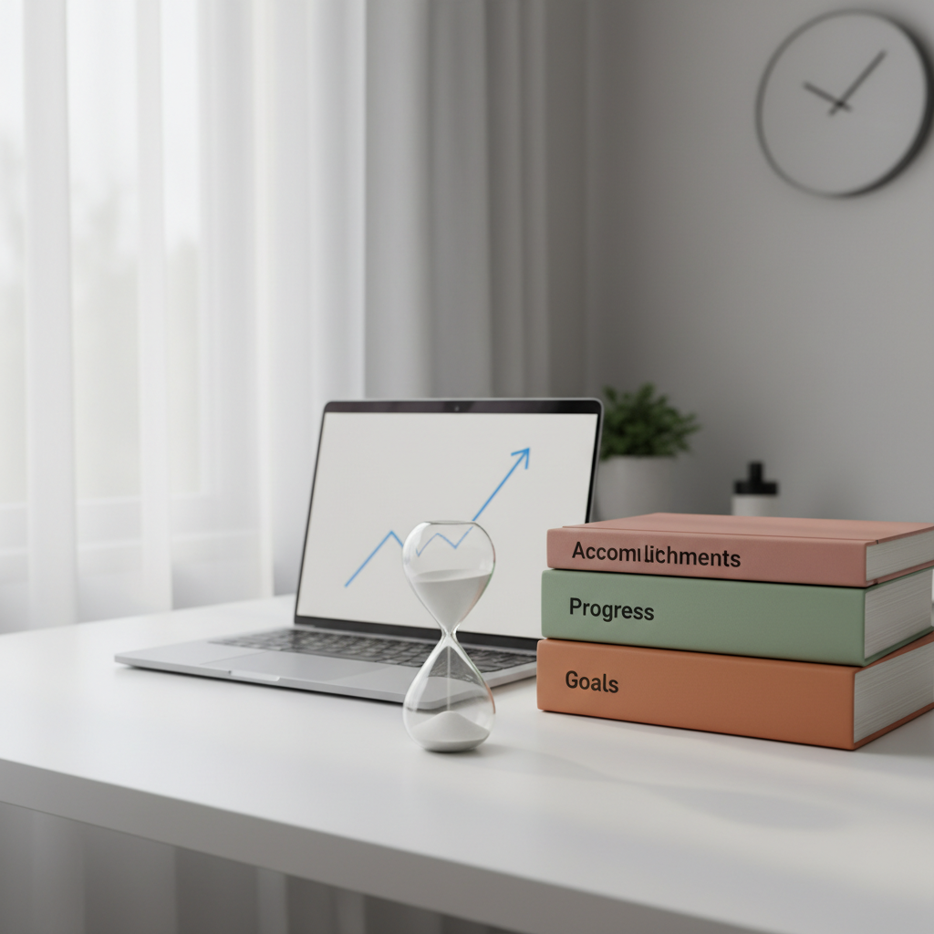 A meticulously organized workspace featuring an open laptop displaying a simple line graph rising steadily across the screen, placed on a matte white desk. Beside it, a stack of neatly labeled notebooks—“Accomplishments,” “Progress,” “Goals”—each with different muted earth-tone covers, is aligned with geometric precision. A slim glass hourglass with fine white sand sits in the foreground, mid-flow. Soft morning daylight filters through a sheer curtain, producing diffused, even lighting with minimal shadows. Captured from a slightly elevated angle in photographic realism, the composition uses the rule of thirds and a shallow depth of field, creating a calm, focused atmosphere that suggests disciplined tracking of personal growth in a professional, modern setting.