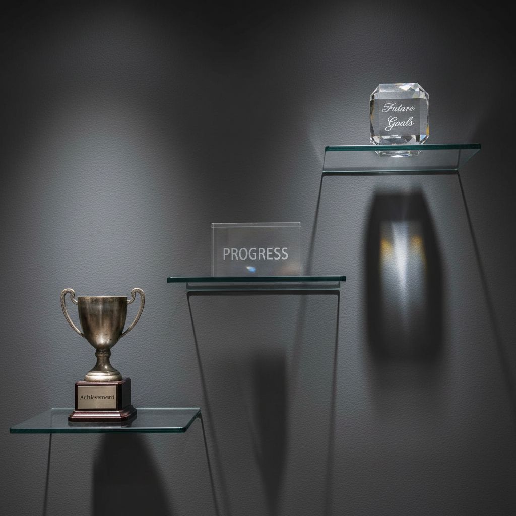 A polished, multi-tiered glass shelf against a matte charcoal wall, each tier displaying symbolic objects of personal growth: a modest metal trophy etched with “Achievement,” a clear acrylic block engraved “Progress,” and a sleek crystal prism labeled “Future Goals.” The objects are arranged in ascending order from left to right and lower to higher shelves, subtly suggesting upward momentum. Focused overhead lighting creates precise highlights on glass and metal surfaces, casting refined, crisp shadows on the wall behind. Photographic realism with a slightly low-angle perspective and centered composition gives the scene a professional, aspirational atmosphere, ideal for representing tangible milestones and the evolution of Brien Sesler III’s accomplishments over time.