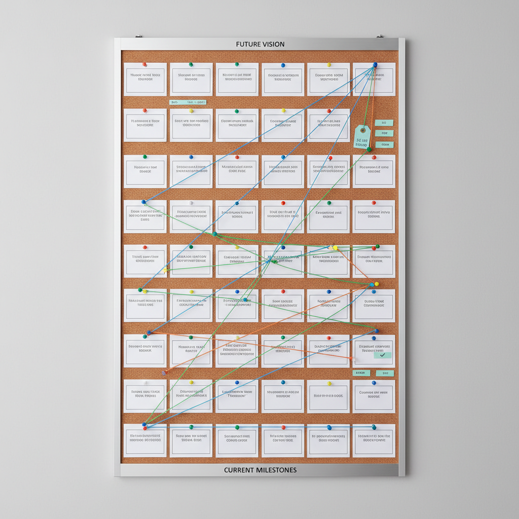 A large, vertical corkboard mounted on a smooth, light-gray wall, filled with neatly pinned goal cards and progress markers. Each card is a crisp white rectangle with clean black typography, some connected by thin colored string forming an upward path that visually ascends from lower left to upper right. At the bottom, a small metal plaque reads “Current Milestones,” while the top is labeled “Future Vision.” Soft, even studio lighting eliminates harsh shadows, enhancing clarity and legibility. Photographic realism with a straight-on, eye-level composition and sharp focus throughout creates an organized, professional mood that emphasizes structure, clarity, and strategic personal development.